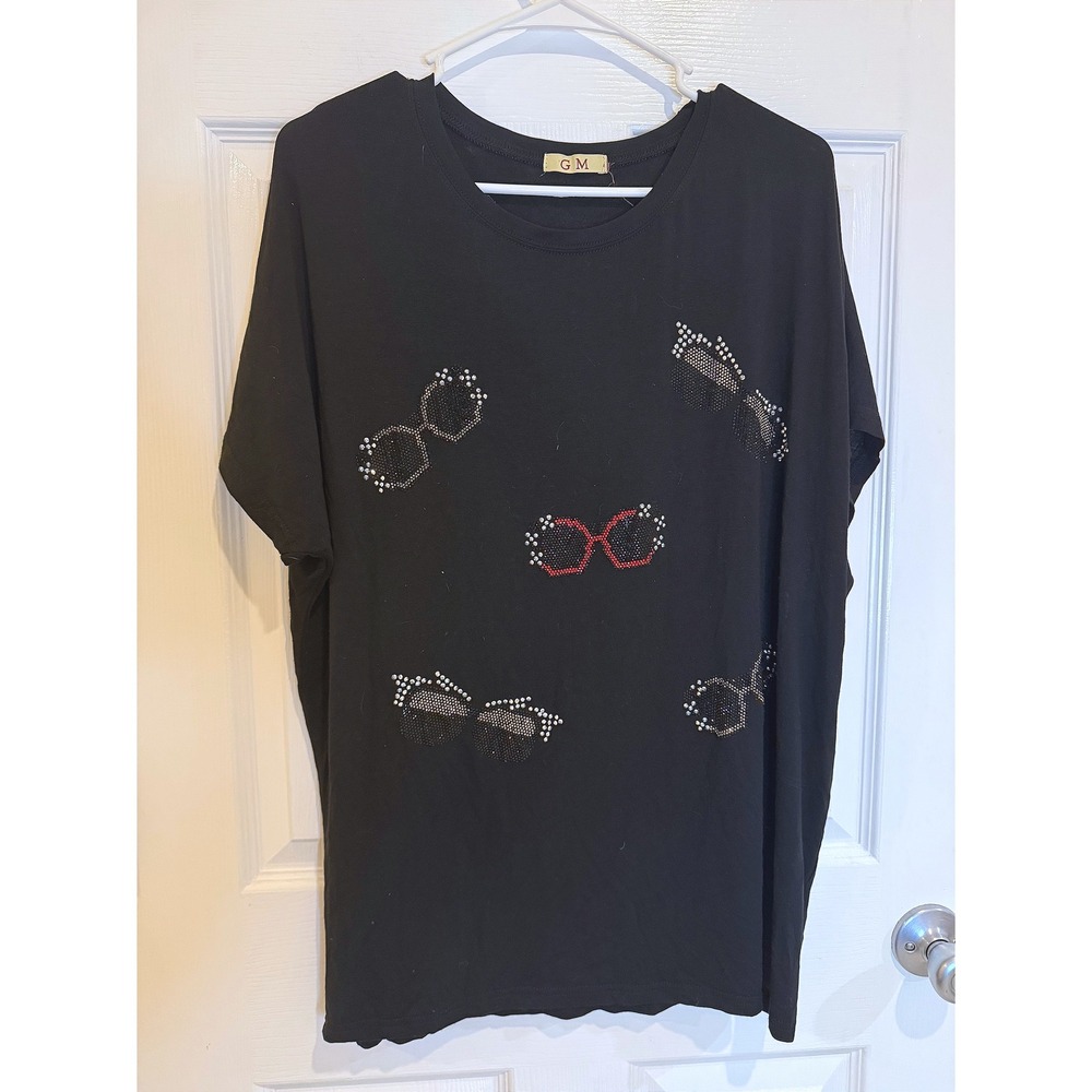 GM Rhinestone Sunglasses T-Shirt Oversized Relaxed Fit Top Black L/XL
